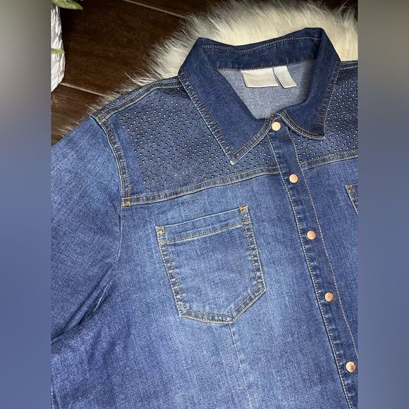 Chico’s studded shoulder snap button chambray shirt sz 3 (XL) - Picture 2 of 7